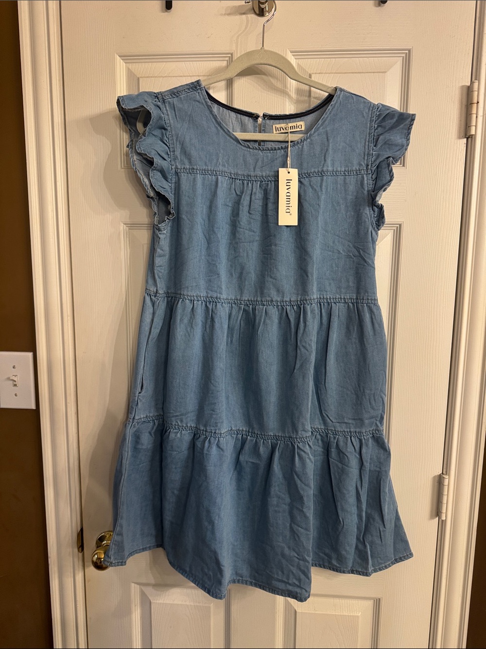 Womens Light Blue Denim Ruffle Sleeve Dress